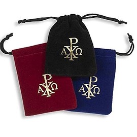 Chi Rho Cross Design Red Blue Black SET of 3 Velvet Drawstring Rosary Keepsake Bag Pouch