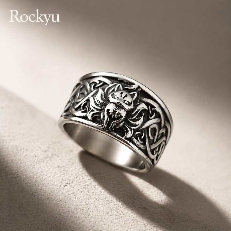 Rockyu Men's Silver Nine Tailed Fox Ring, Stylish, Stainless Steel,