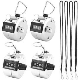 AFUNTA 4 PCS 4 Digit Hand Tally Counters Hand Held & 4 Lanyard, Mechanical Manual Clicker Number Lap Tracker with Metal Finger Ring Hoop Holder Fit Stadium Coach - Silver