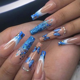 Foccna Artificail Extra Long Press on Rhinestone Nails Butterfly Fake Nails with Sequins Glitter Acrylic Blue Full Cover Fake Nails with Design Nail Tips for Women&Girls, 24PCS