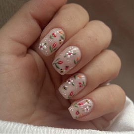 Square Flower Press on Nails Medium 3D Bee False Nails Cute Fake Nails with Floral Designs Summer Nails Press ons Medium Length Acrylic Glue on Nails Art Kit Small Daisy Stick on Nails for Women Girls