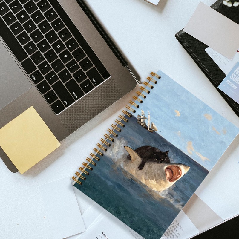 Foritho Funny Black Cat Shark Notebook, Retro Black Kitty and