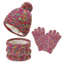 AYPOW 3pcs Warm Beanie Hat Scarf Gloves Winter Set for Children 0-8 Years Thick Fleece Lined Winter Hat Knitted Hat Neck Warmer Winter Accessory Set for Children Toddlers Boys Girls, pink