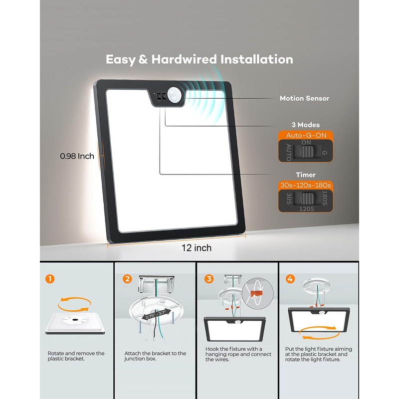 Annaror 12in Motion Sensor Ceiling Light Wired, 3000K 4000K 5000K