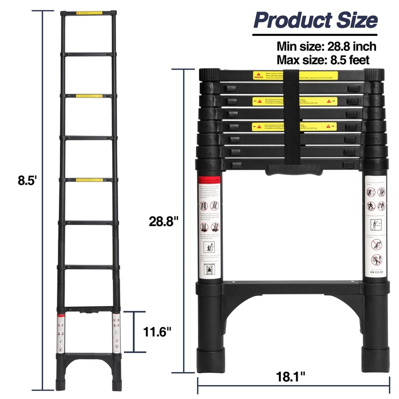 BOCOM 8.5 FT Aluminum Telescoping Ladder, Lightweight Multi-Purpose Collapsible Extension