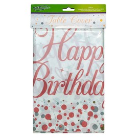 Oaktree Happy Birthday Sparkling Fizz Rose Gold Colourfast Plastic Table Cover 137cm x 2.6m 1pc