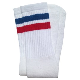 SKATERSOCKS 19" Mid calf White tube socks with Royal Blue-Red stripes style 2