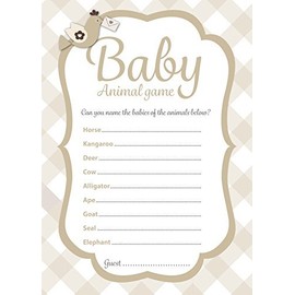 Baby Shower party game, name the baby animals, 16 game cards, neutral check design by Ezstickers