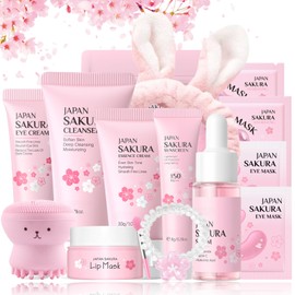Sakura Skin Care Set Teenager Girls Gifts - Skincare Set Moisturising - Gift Set Women - Cherry Blossom Face Care Set - Firming Beauty Set - With Serum, Cream Lips & Eye Mask