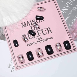 Cimenexe Square Press on Nails Black Artificial Nails Pattern Artificial Fingernails Short Fingernails Full Cover Acrylic Nails Shiny False Nails for Women and Girls Pack of 24