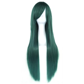 Yoanshop 80cm Long Straight Natural Hair Cosplay Wig with Bangs Halloween Costume Party Wigs for Women (Dark Green)