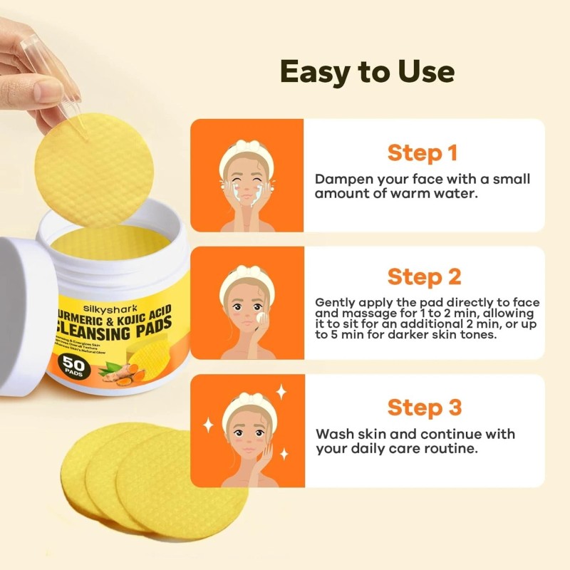 SilkyShark Turmeric Kojic Acid Cleansing Pads 50 Count Kojic Acid