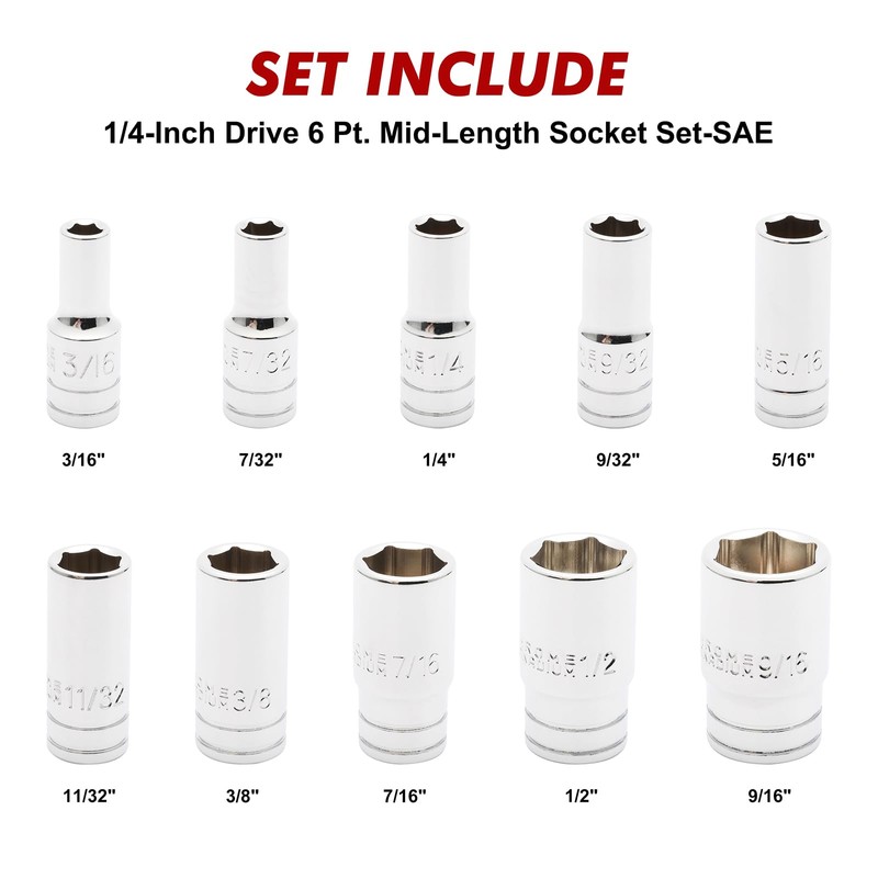 CASOMAN 10PCS 1/4"Drive 6 Pt. Mid-Length Socket Set, SAE, 3/16"