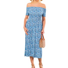 UNIQUE STYLES ASFOOR Short Sleeve Smocked Midi Sundress, Lightweight Smocked Dress Women, Vacation Outfits Summer Long Sundress for Any Occasion, Beachy Dresses for Women 2024 - Blue Flowers, Large