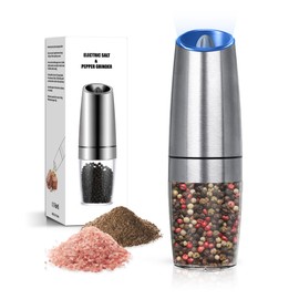 BELRIGO Battery Operated Salt And Pepper Grinder Set with LED Light, Automatic Electric Gravity Salt And Pepper Shakers Set, Each 6 AAA Batteries Needed, Adjustable Roughness, 1 Pack (Silver)