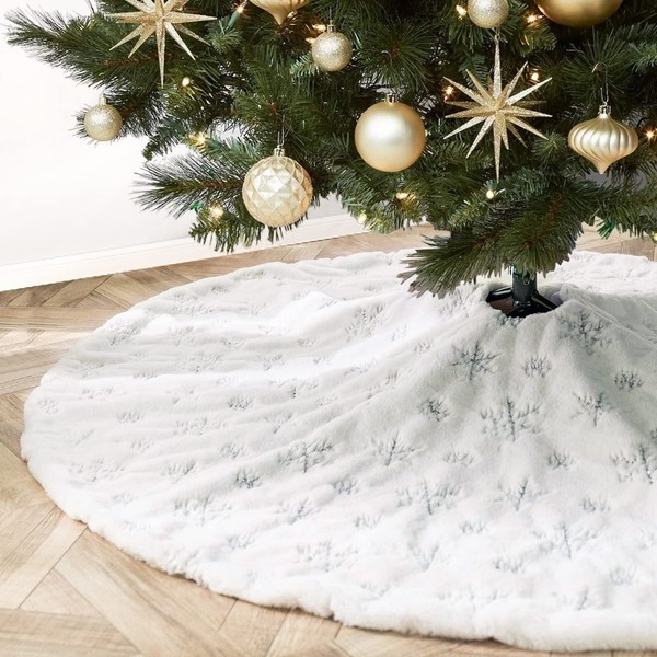 KHOYIME White Christmas Tree Skirt Faux Fur Xmas Tree Skirt with Shining Silver Snowflake Christmas Decorations Party Ornaments Holiday Home Decor Indoor Outdoor (36in, Small)
