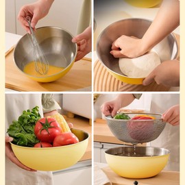 EHERDM Stainless Steel Mixing Bowls and Colander Set Mixing Bowls with Scale Salad Bowl with Colander Fine Mesh Strainer Basket Baking Bowl Set Cooking Scale Bowl for Kitchen Decoration Yellow