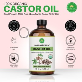 Extra Virgin USDA 100% Organic Castor Oil for Hair, Brows, Lashes & Skin – Cold-Pressed, Hexane-Free, Mess-Free Pump in 16oz Glass Bottle