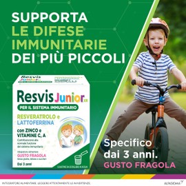 Resvis Junior Xr, Integratore Alimentare di Resveratrolo e Lattoferrina, per il Benessere del Sistema Immunitario, Bambini dai 3 Anni, Senza Glutine, Lattosio e Zuccheri, 12 Bustine , Gusto Fragola