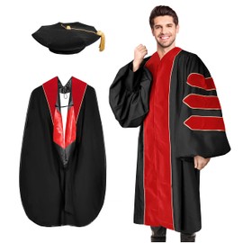 YIIOSS Unisex Deluxe Doctoral Graduation Gown with Tam 8-Sided Package and Hood for Doctoral Regalia Red