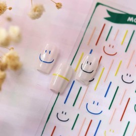 Dedyel Colorful Smile Face Nail Stickers Dopamine Colorful Lines Self-Adhesive Nail Decals for Women Girls Kids DIY Manicure