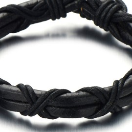 COOLSTEELANDBEYOND Interwoven Mens Black Leather Bracelet Double-row Wrap Bracelet Genuine Leather Wristband