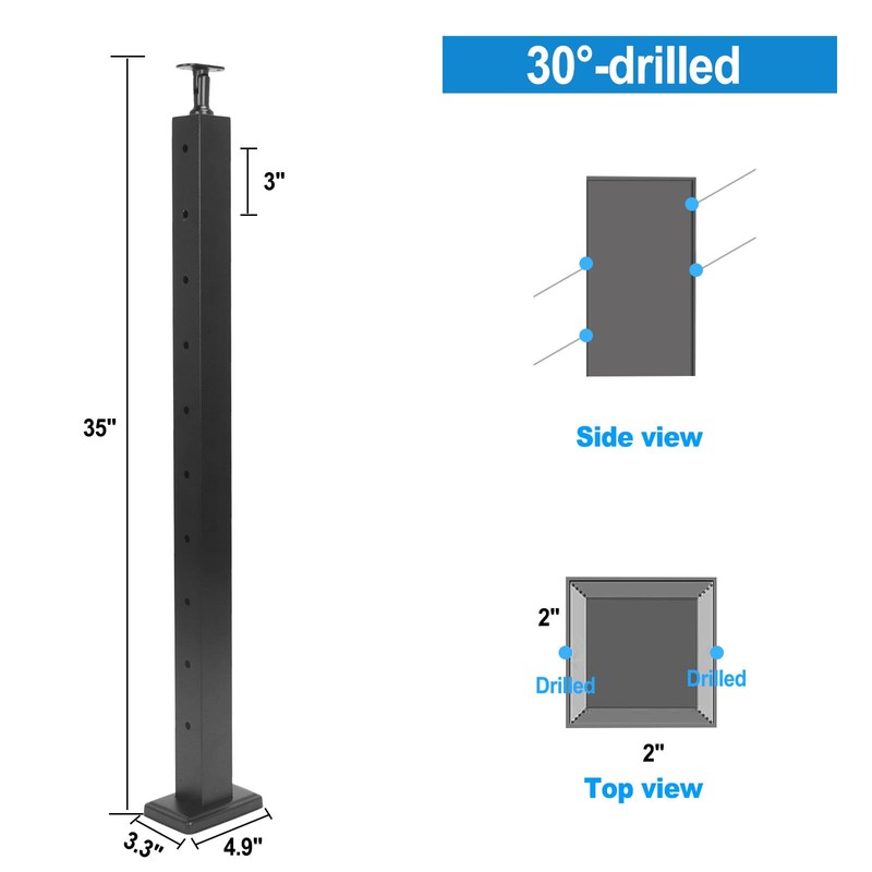Sidasu 36" Stair Post 30°-Drilled Side Cable Railing Stainless Steel