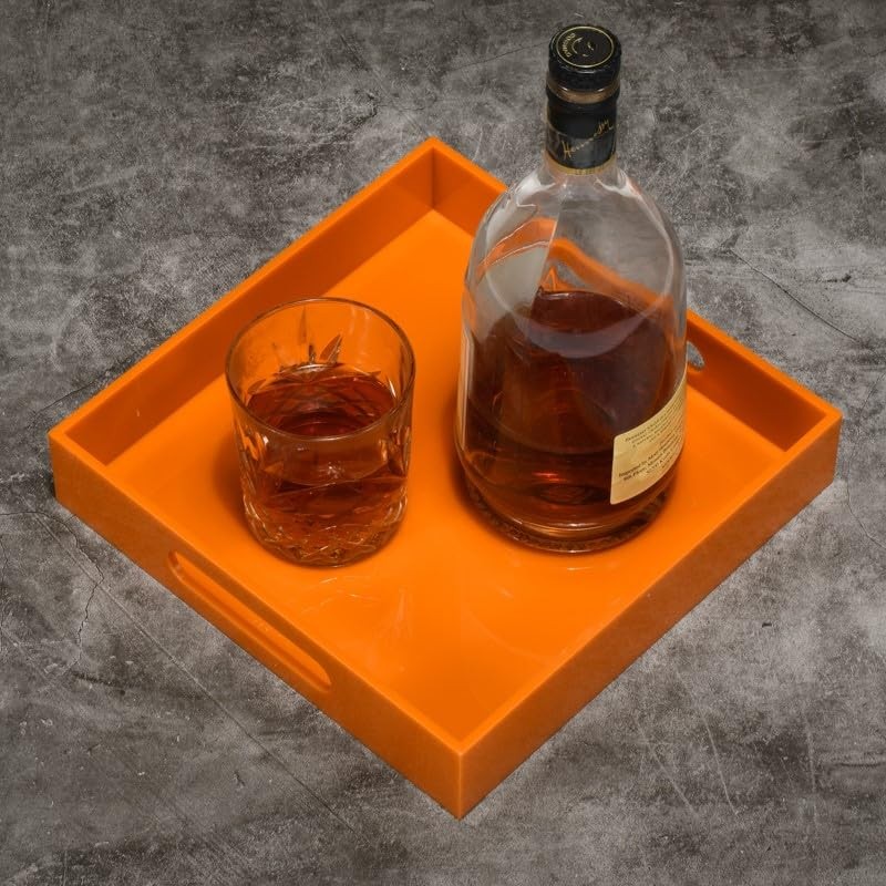 KEVLANG Orange Sturdy Acrylic Serving Tray with Handles-10x10Inch-Serving Coffee,Food,Breakfast,Butler-Kitchen Countertop