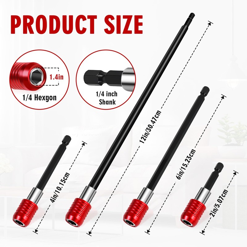 2/4/6/12'' Drill Bit Extension with Magnetic Bit Holder, 1/4'' Hex