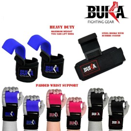 BUKA Fighting Gear Weight Lifting Hooks(Pair) Non-Slip Rubber Coated Support Adjustable Wrist strap - Black