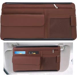 Organizador de Parasol y Múltiples Bolsillos Marrón para Coche Soporte para Gafas de Sol Funda de Abs y PU para Visera en Automóvil y SUV