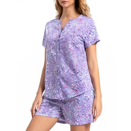 ENJOYNIGHT Womens Pajama Set Button Down Tee and Shorts Sleepwear Pjs with Pockets (Large, PU)