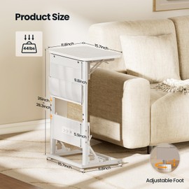 HLDIRECT C Shaped End Table with Charging Station, Couch Side Table with Storage Bag, Height-Adjustable and Foldable TV Tray with 2 USB Ports and Outlets for Living Room, Bedroom, White