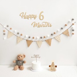 Happy 6 Months Banner Pre-Strung Pennant Felt Fabric Banner Flags and Pom Pom Garland, Party Hat for Half Birthday Decorations, Reusable Half Way to One Bunting Sign for Girl Boy 6 Months Party