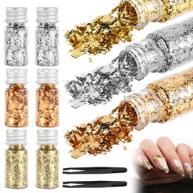 dsDAEDK 6 Bottles of Gold Flakes, 3-Colour Gold Foil Fragments, Gold Leaf for Crafts, Multifunctional Gold Foil Paper Decorative Film for DIY Crafts, Art Supplies and Nail Art
