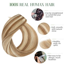 TESS Human Hair Extensions Clip in Real Hair Highlight Remy 5 Pieces Straight Natural Hairpieces for Women/Girls (#12P613 Golden Brown & Bleach Blonde, 18 Inch 70g)
