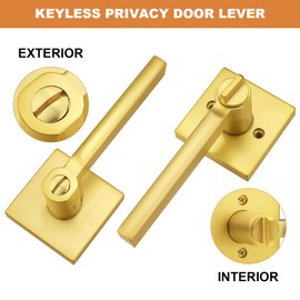 Probrico Gold Privacy Door Handle Lockset Heavy Duty Square Satin Brass Interior Door Lever for Bedroom or Bathroom Reversible Keyless Handleset Door Knob Slim Handed Levers, 10 Pack