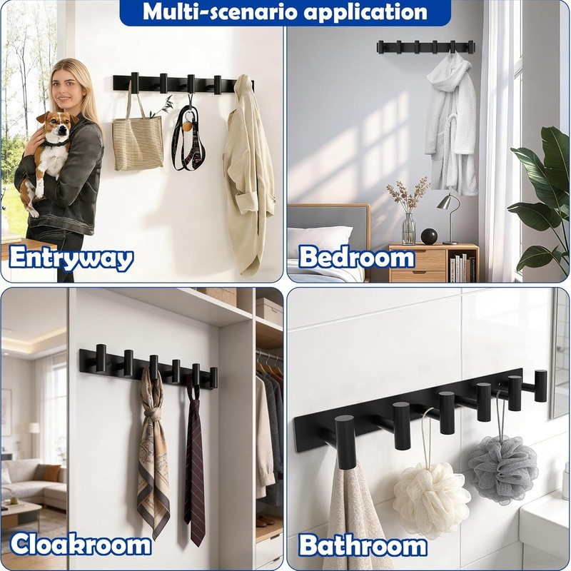 Matte Black Coat Rack Wall Mount - 6 Hooks, Heavy