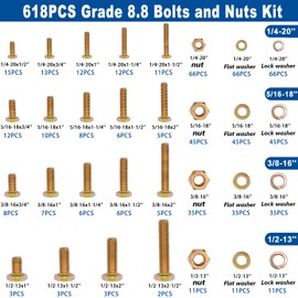 Taiss 618pcs Grade 8.8 Bolts and Nuts Kit,Bolt Assortment Kit 1/4-20,5/16-18,3/8-16,1/2-13 Heavy Duty SAE Hex Bolts and Nuts Kit Flat/Lock Washer Yellow Zinc Plated,with Handheld Box