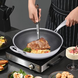 Wok Pan with Lid, Stainless Steel 12 Inch Wok, Woks & Stir-fry Pans with Honeycomb Coating, Nonstick Wok with Lid, Induction Wok Set For Frying, Steaming