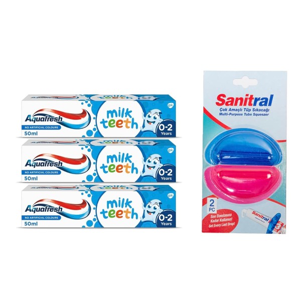 Aquafresh Milk Teeth Babies Toothpaste 50ml (Pack of 3)+ Sanitral Toothpaste Tube Squeezer (Set of 4)
