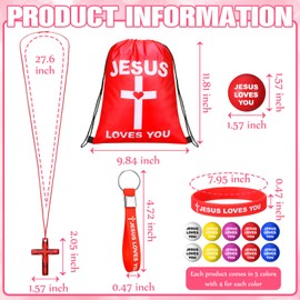 SilTriangle 100 Pcs Jesus Loves You Party Favors Includes Jesus Loves You Drawstring Backpack, Bracelets, Keychains, Cross Necklaces and Stress Balls for Easter Church Christian Gift(Assortment Color)