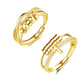 Estrellique 925 Sterling Silver Anxiety Rings, 2PCS Decompression Ring Set, 925 Silver Fidget Rings for Anxiety Person, Unisex Open Adjustable Anti-stress-ring, Hypoallergenic Spinning Ring with Beads