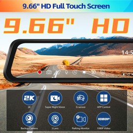 2K Mirror Dash Cam, 9.66 Inch 3 Channel Front Rear Inside View Mirror Camera Triple Mirror Dash Cam Night Vision,G-Sensor,Parking Assistance,APP Control,24H Parking Monitor,Waterproof Backup Camera