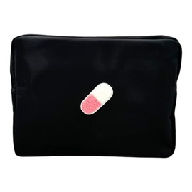 BLOC Bags Travel Makeup Bag, Cosmetic Bags for Women, Large Cute Toiletry Bag, XL Make up Bag, Medium Beauty Bag with Chenille Patch, Inside Zipper Pouch and Mesh Pockets (Pill, Black)