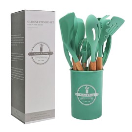 Silicon Cooking UTENSILES, 12PCS Kitchen UNETSILE Set with Wooden Handle | Heat Resistance | Gadget Set | Spatula Sets | Brush | Whisk | Tongs | Bucket (Green)