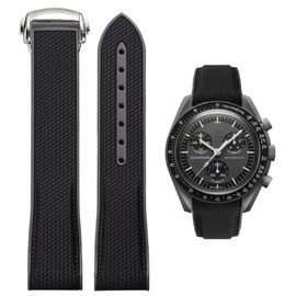 Curved End Rubber Watch Strap Deployment Buckle Compatible with Omega X Swatch Moonswatch Speedmaster for Men Women