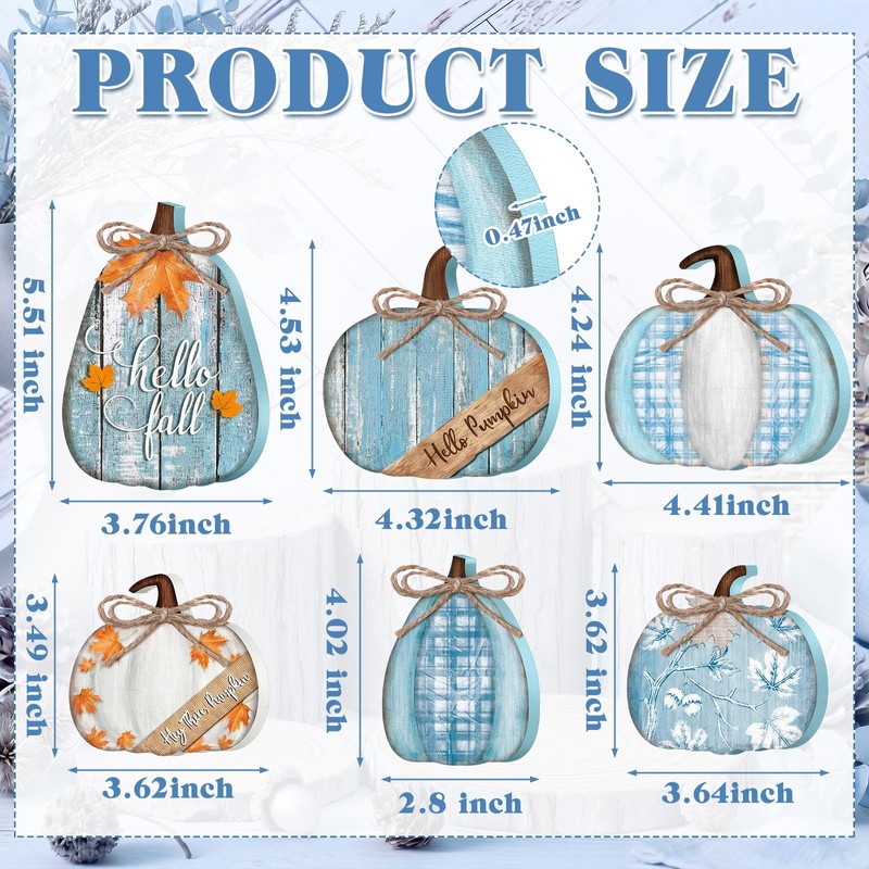 6 Pcs Fall Pumpkin Table Decor Wooden Signs, Blue and