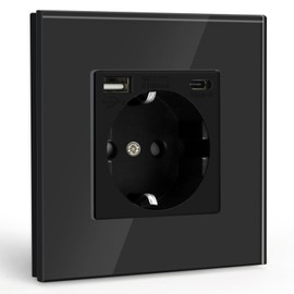 BSEED Schuko Socket with USB (max. 2.1 A) and Type-C Port, Black Glass Flush-Mounted Socket, Protective Contact Socket Charger for Mobile Phones, Laptops, etc.