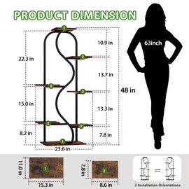 Plant Stand Indoor with Grow Lights - 48" Tall Plant Shelf Indoor, 7 Tiered Corner Plant Stands for Indoor Plants, Lighted S-Shaped Flower Holder Stand, Display Rack for Living Room, Balcony（Black)